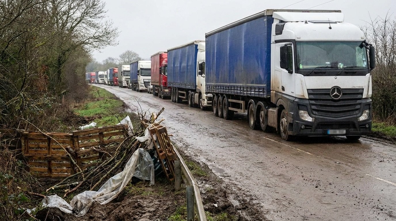 Stranded lorries lined up along a rural highway with a makeshift barricade cleared to one side