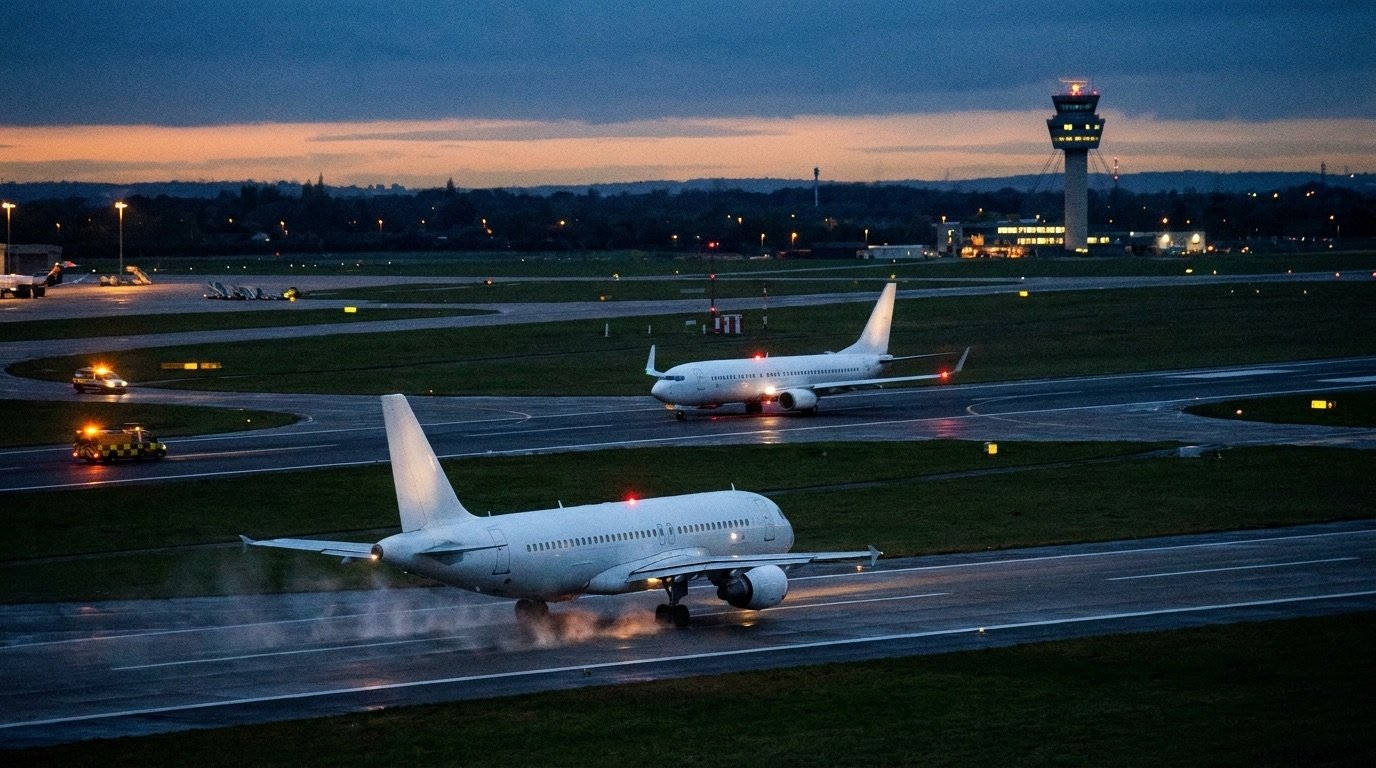 Two commercial airliners on intersecting runways at a busy airport at dusk, with control tower lights glowing in the distance and no visible airline branding