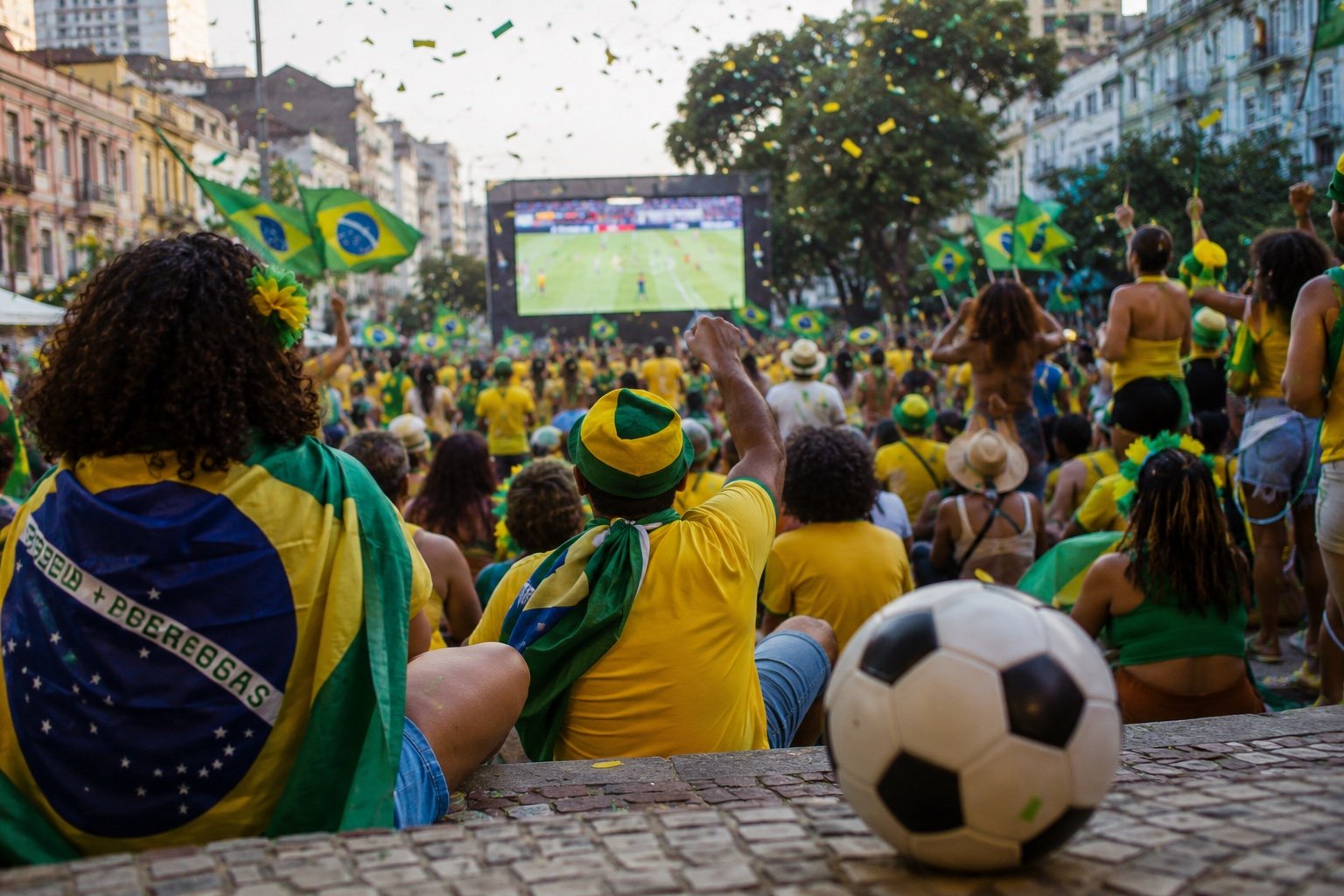 Brazil fans in yellow shirts gathered around a street screen during a World Cup match