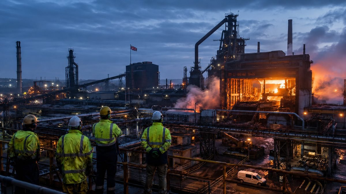 Steelworkers in hi-vis jackets watch blast furnaces glow at a UK steelworks beneath a Union Jack flag at dusk