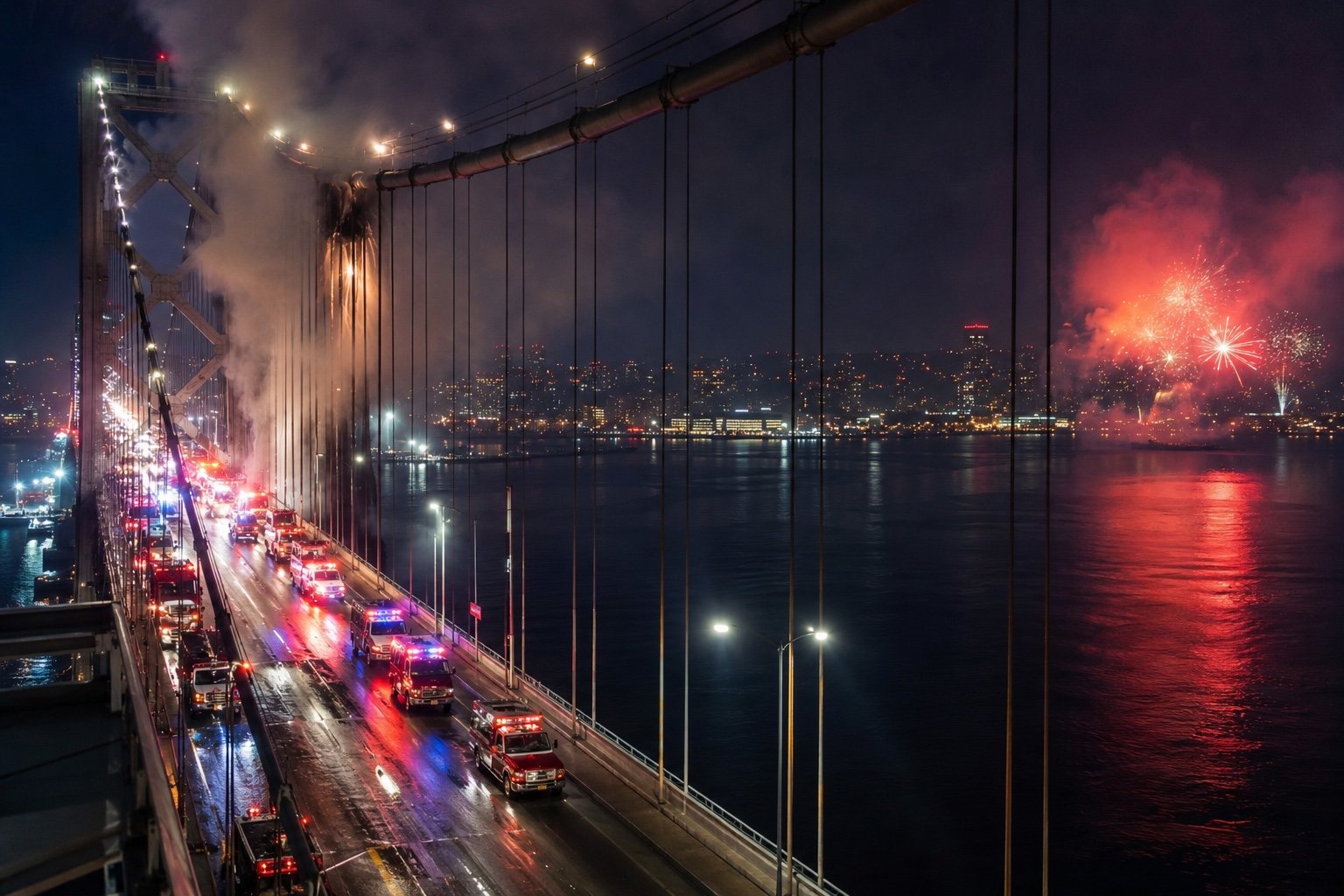 Fireworks over the Brooklyn Bridge during New York's Independence Day celebrations