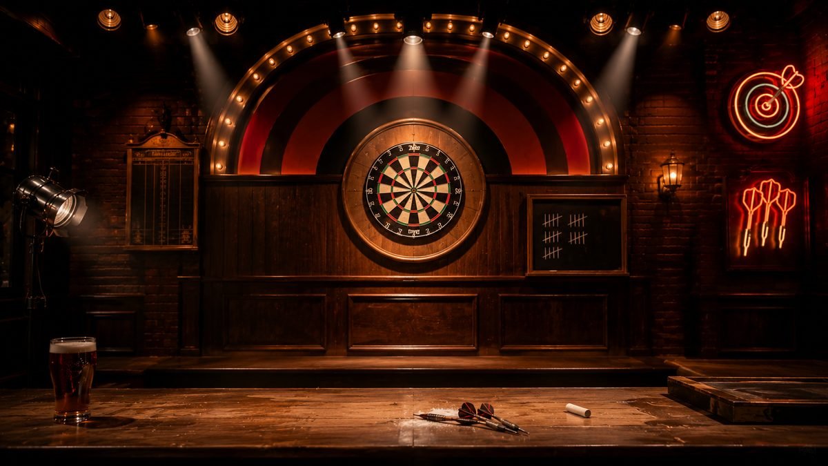 A darts stage with a spotlit dartboard, neon darts sign and a pint of beer