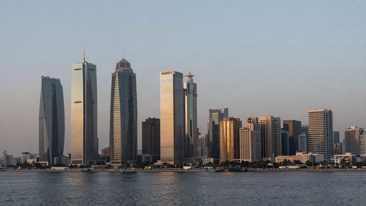 A modern Gulf city skyline of glass towers at dusk