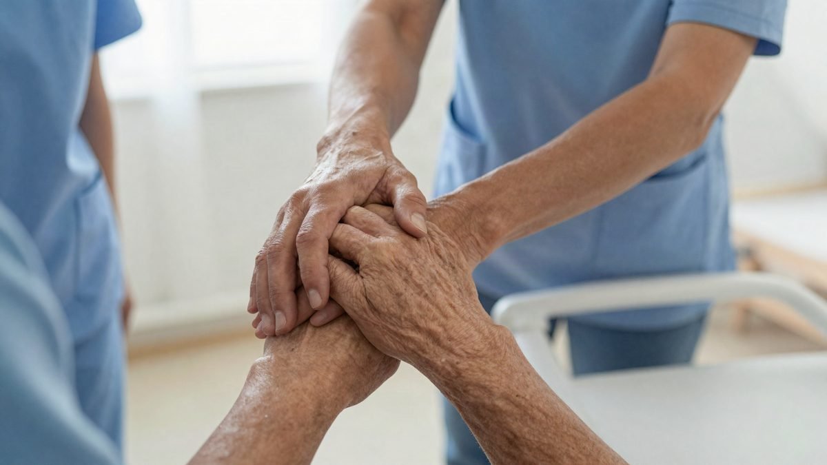 A care worker holding the hands of an elderly person in a care home