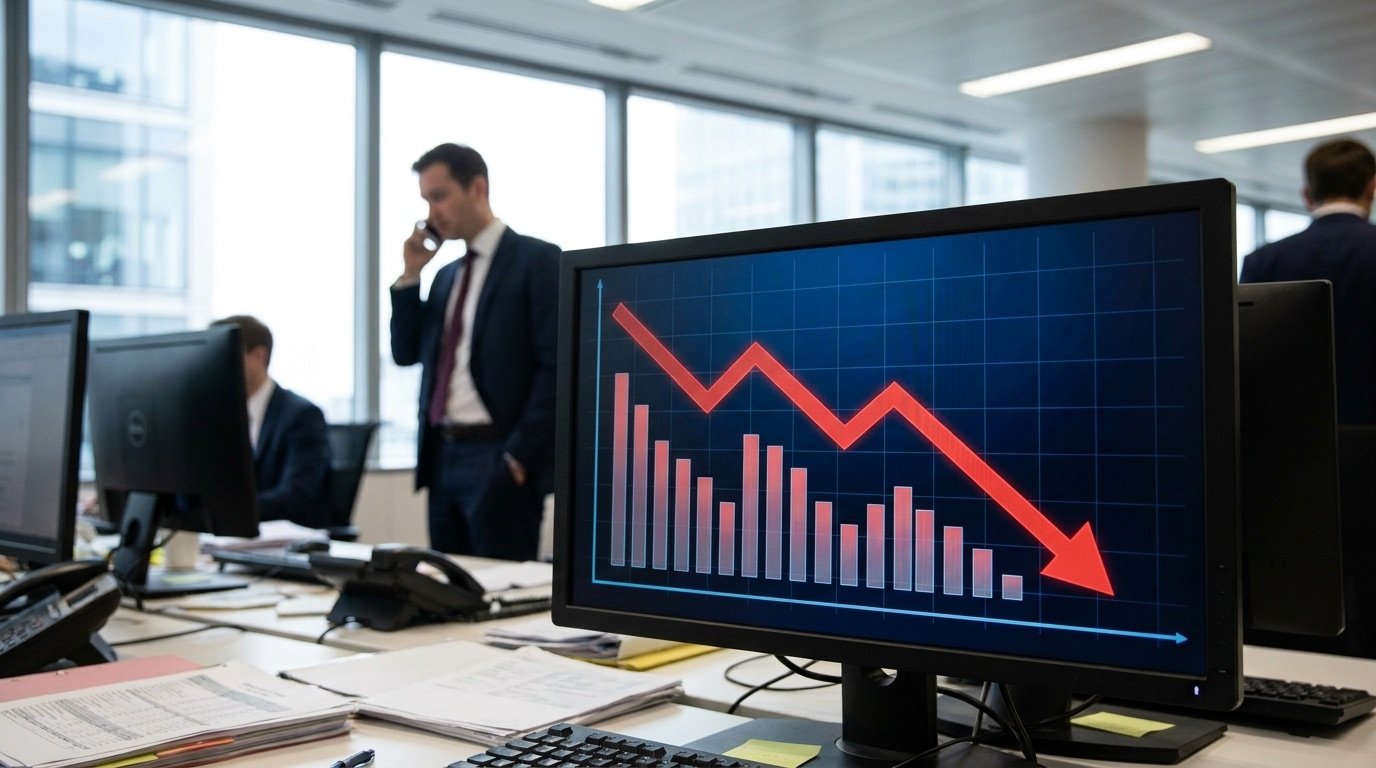 Stock price chart on a screen showing a sharp decline