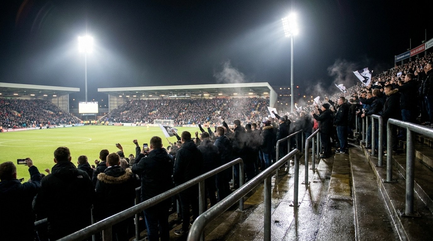 Generic football stadium at night with floodlights and a packed crowd, no team branding