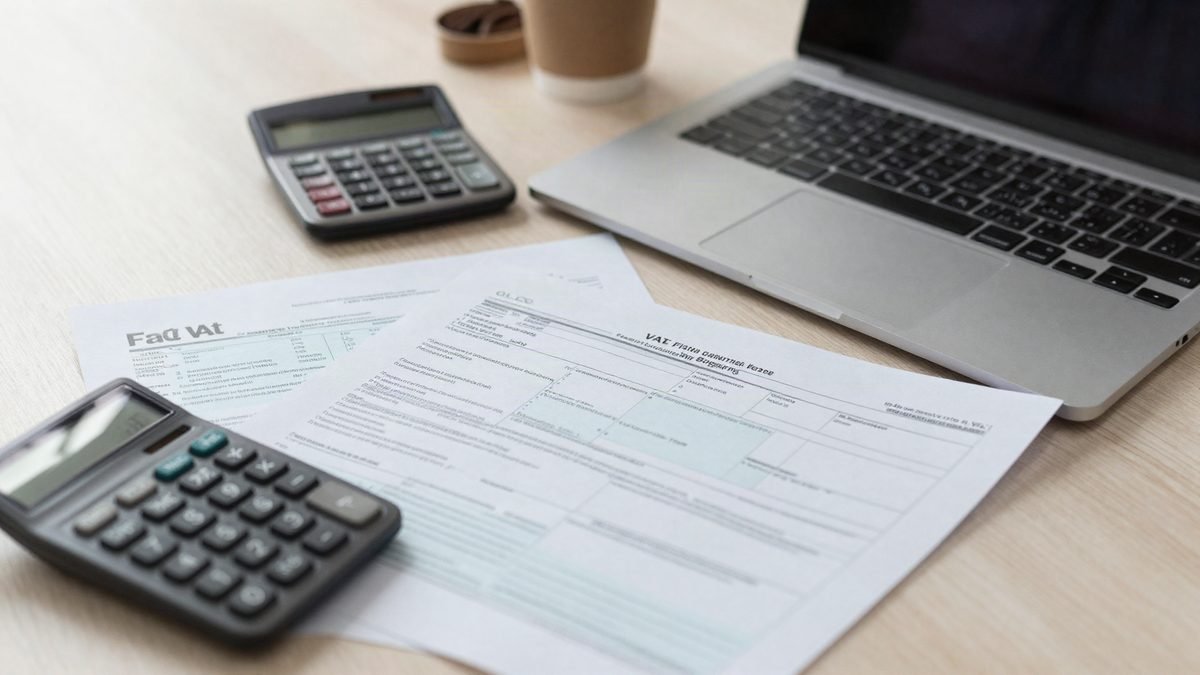 An accountant's desk with tax paperwork and a calculator