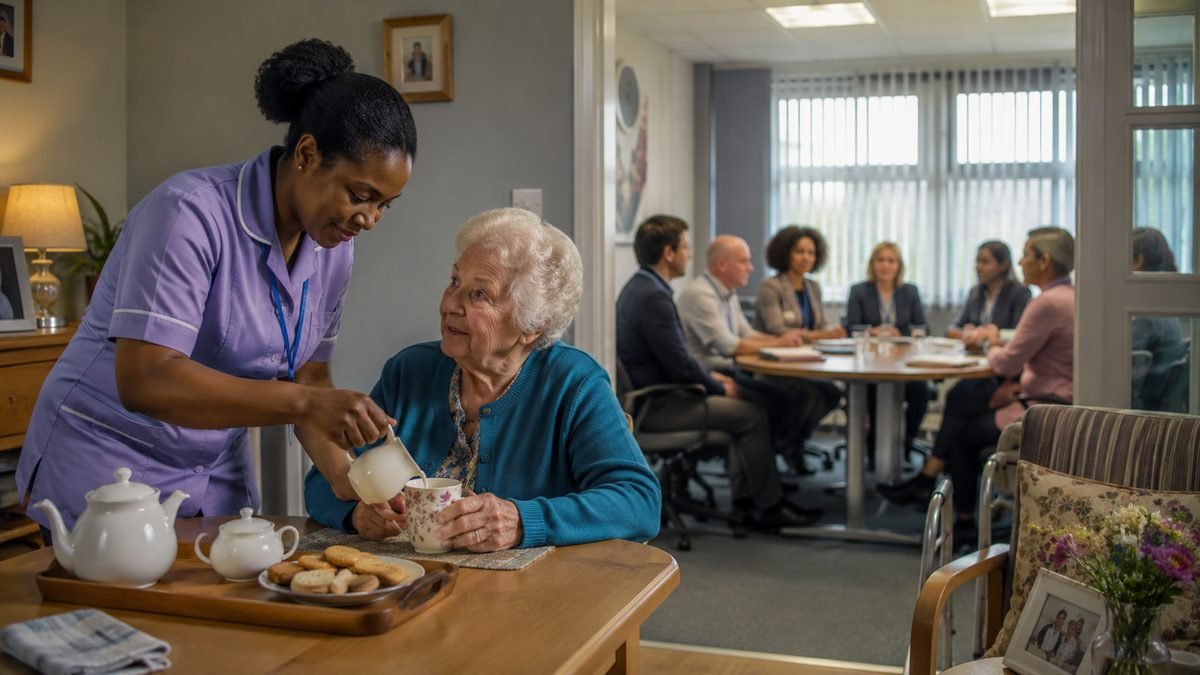 A care worker pours tea for an elderly woman in a care home while a pay-negotiation meeting takes place at a table in the room behind