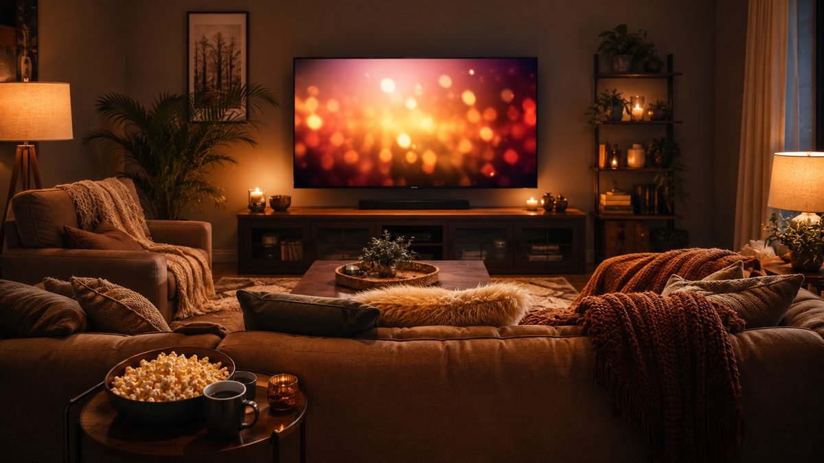 A cosy living room with a large television, deep sofas and a bowl of popcorn