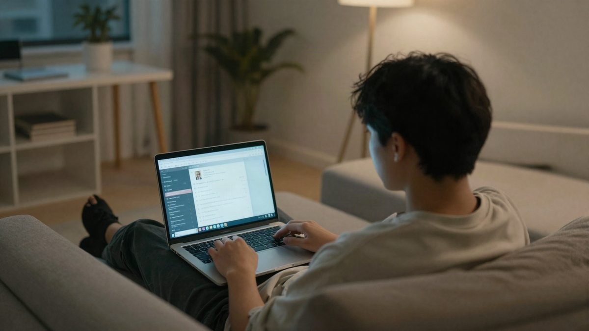 A young person watching content on a laptop on a sofa