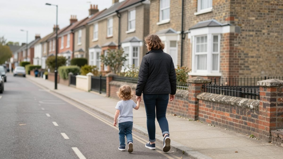 A parent and child walking together holding hands on a suburban British pavement
