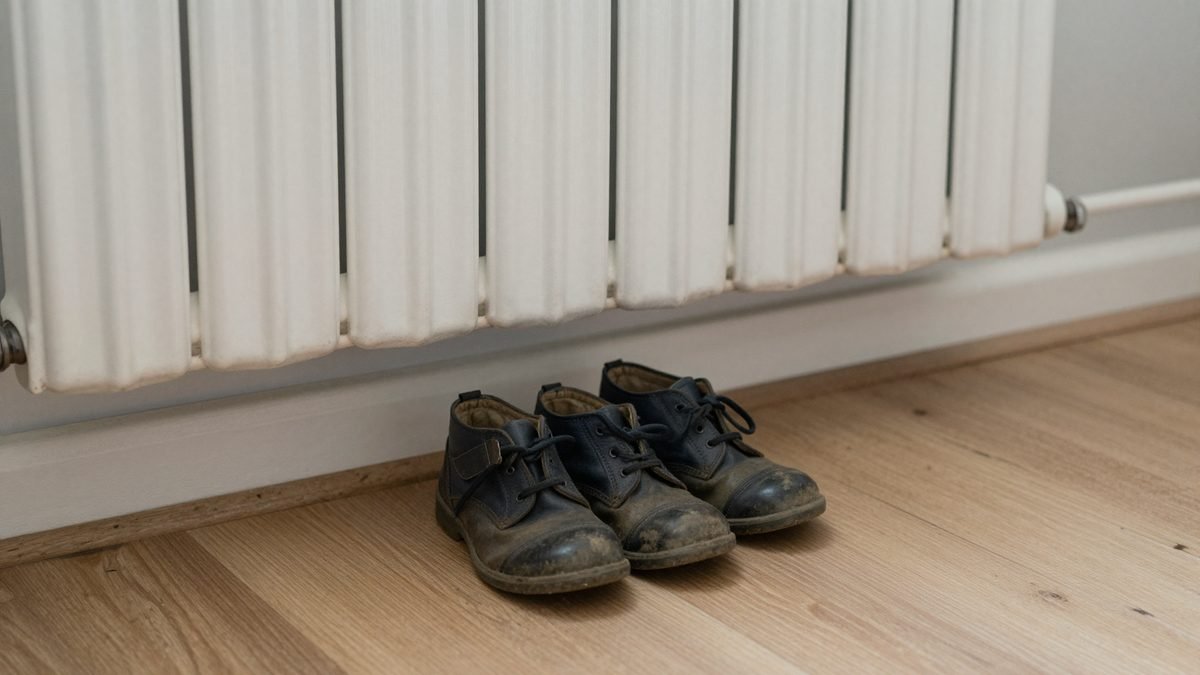 A child's worn shoes beside a radiator in a modest British home