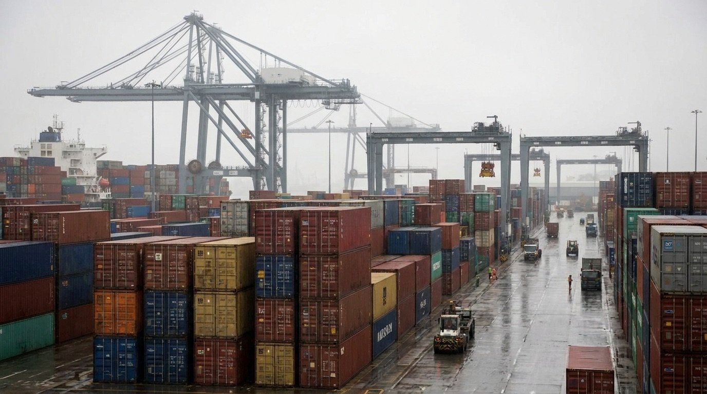 Stacked shipping containers at a large port terminal under a hazy sky, gantry cranes overhead, with no company names or flags visible