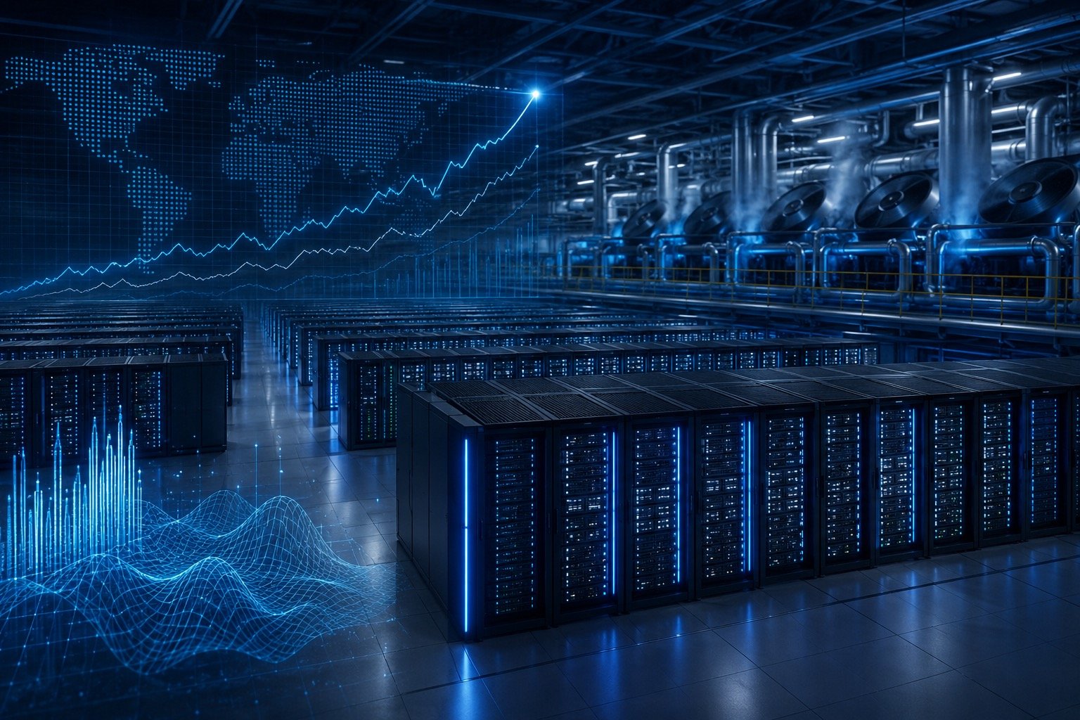 Rows of supercomputer server racks in a data centre