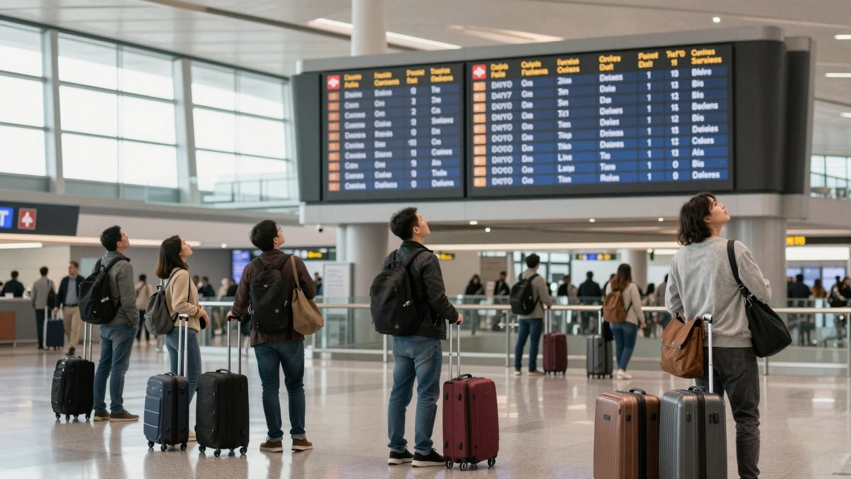 Travellers with luggage waiting at an airport departures board showing delayed and cancelled flights