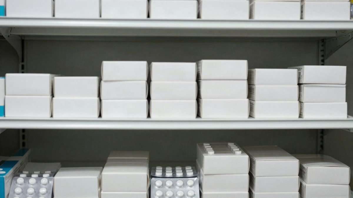Pharmacy shelves stacked with plain medicine boxes and pills