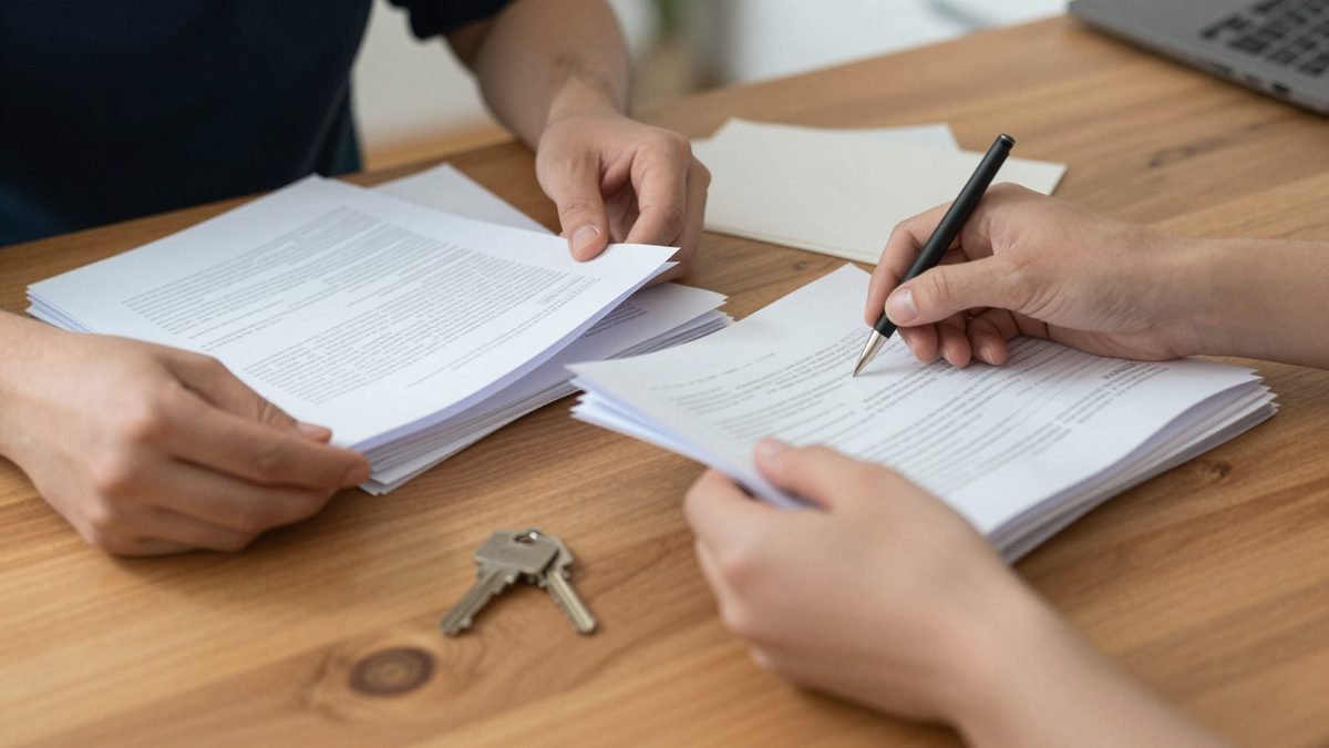 A couple's hands sorting through paperwork and keys at a kitchen table in a home