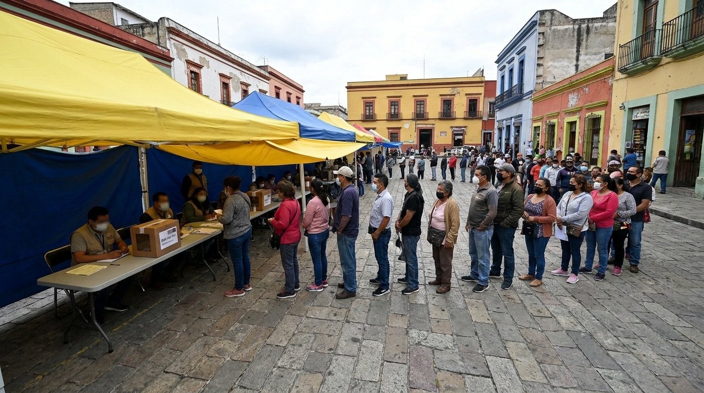 Voters queuing outside a polling station in a Latin American city square, ballot officials at tables under bright awnings, no party logos or recognisable faces