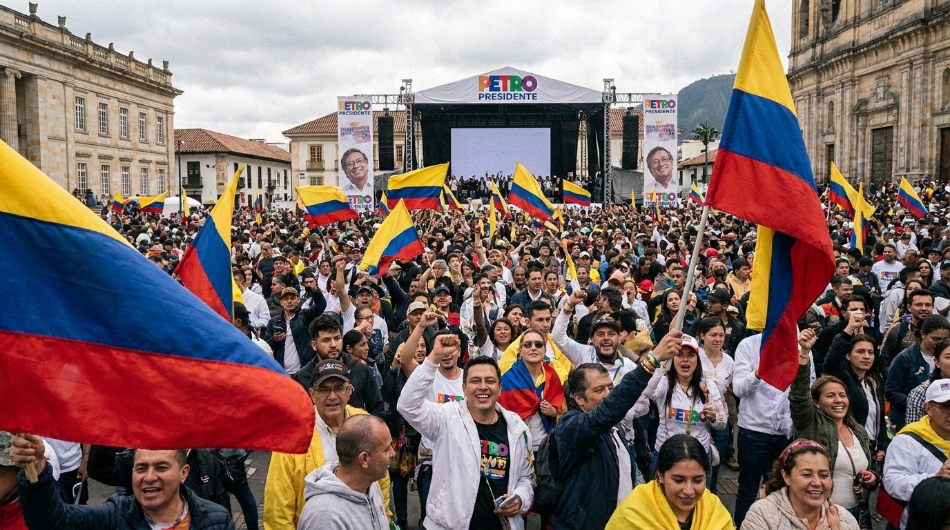Supporters wave Colombian flags at a campaign rally in Bogotá ahead of the presidential runoff