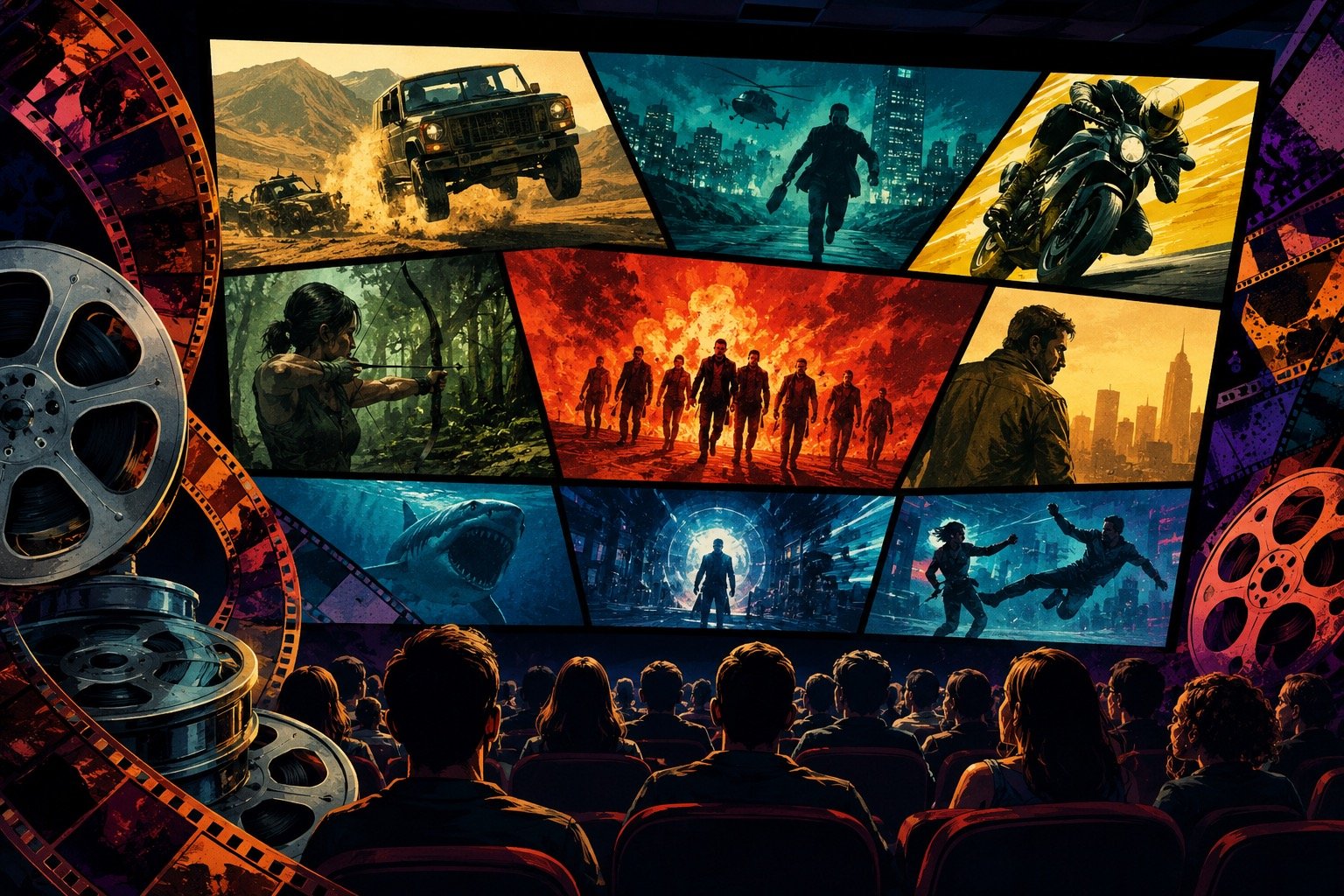 Cinema audience watching a compilation film on the big screen