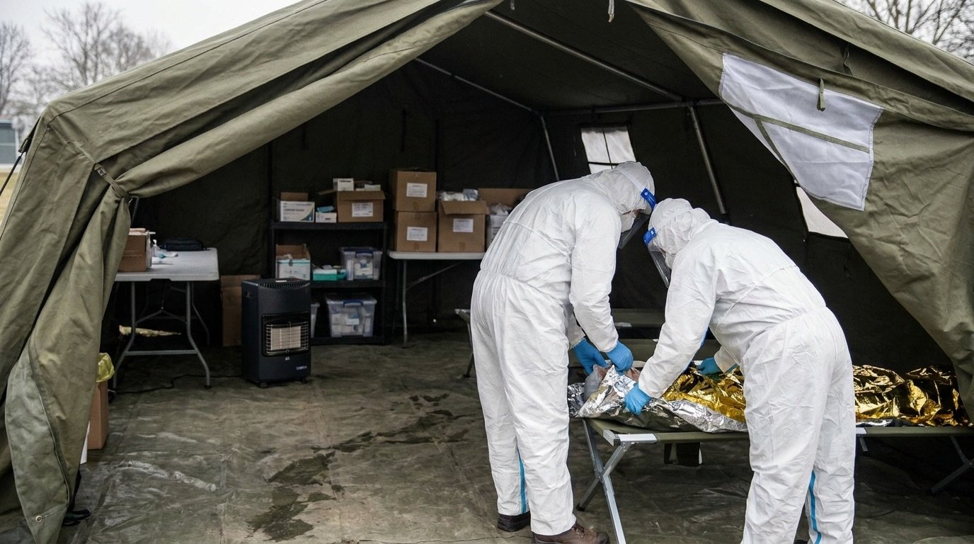 Generic health workers in protective equipment at a medical aid station, no faces visible, no logos