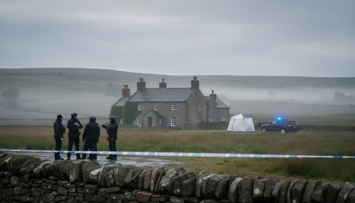 Armed police and a forensic tent outside a stone farmhouse on foggy Dartmoor moorland