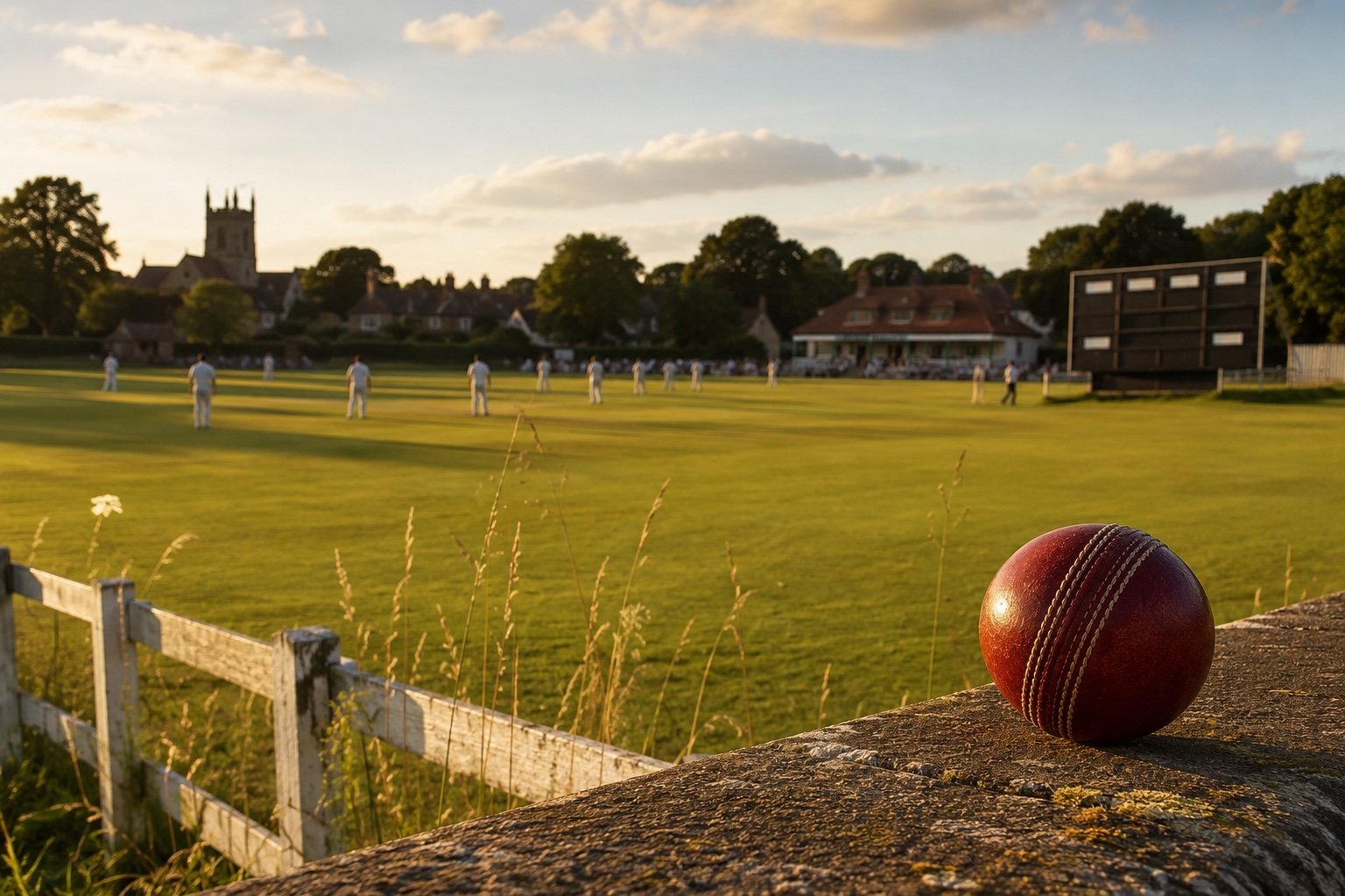 An empty county cricket ground with an immaculate green outfield on a sunny day