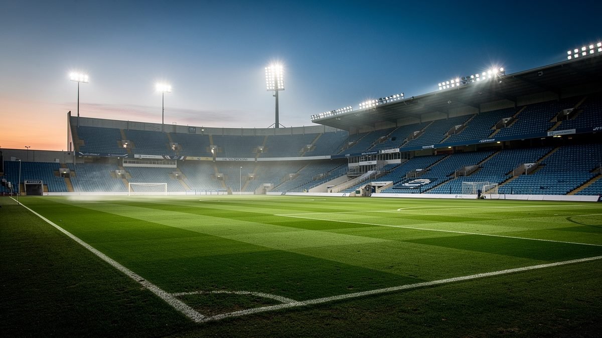 An empty English football stadium at dusk with floodlights lit over a striped green pitch