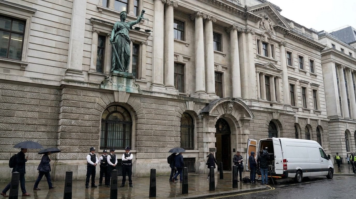 Exterior of a UK courthouse with stone columns and a justice statue