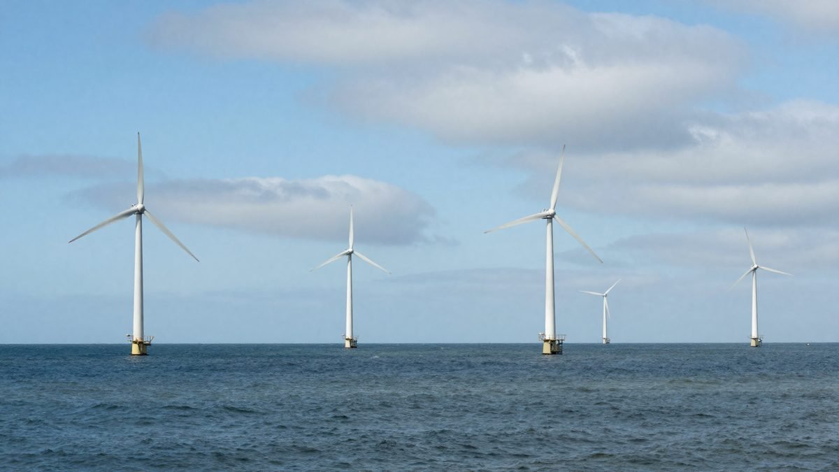 Offshore wind turbines standing in the sea under a bright sky off the British coast
