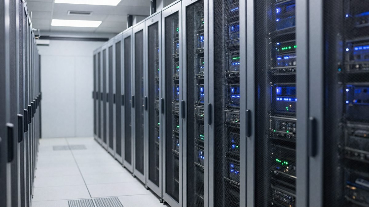 A dark data centre corridor lined with server racks lit by blue indicator lights, symbolising national network infrastructure