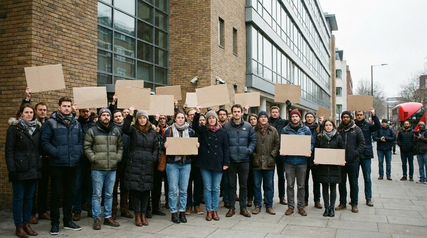 Television and radio studio staff standing together outside a broadcasting building holding handmade signs