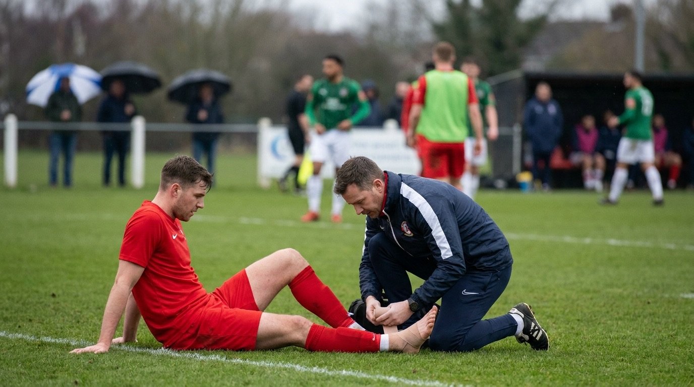 A midfielder in a generic red kit receiving treatment on the touchline during a match
