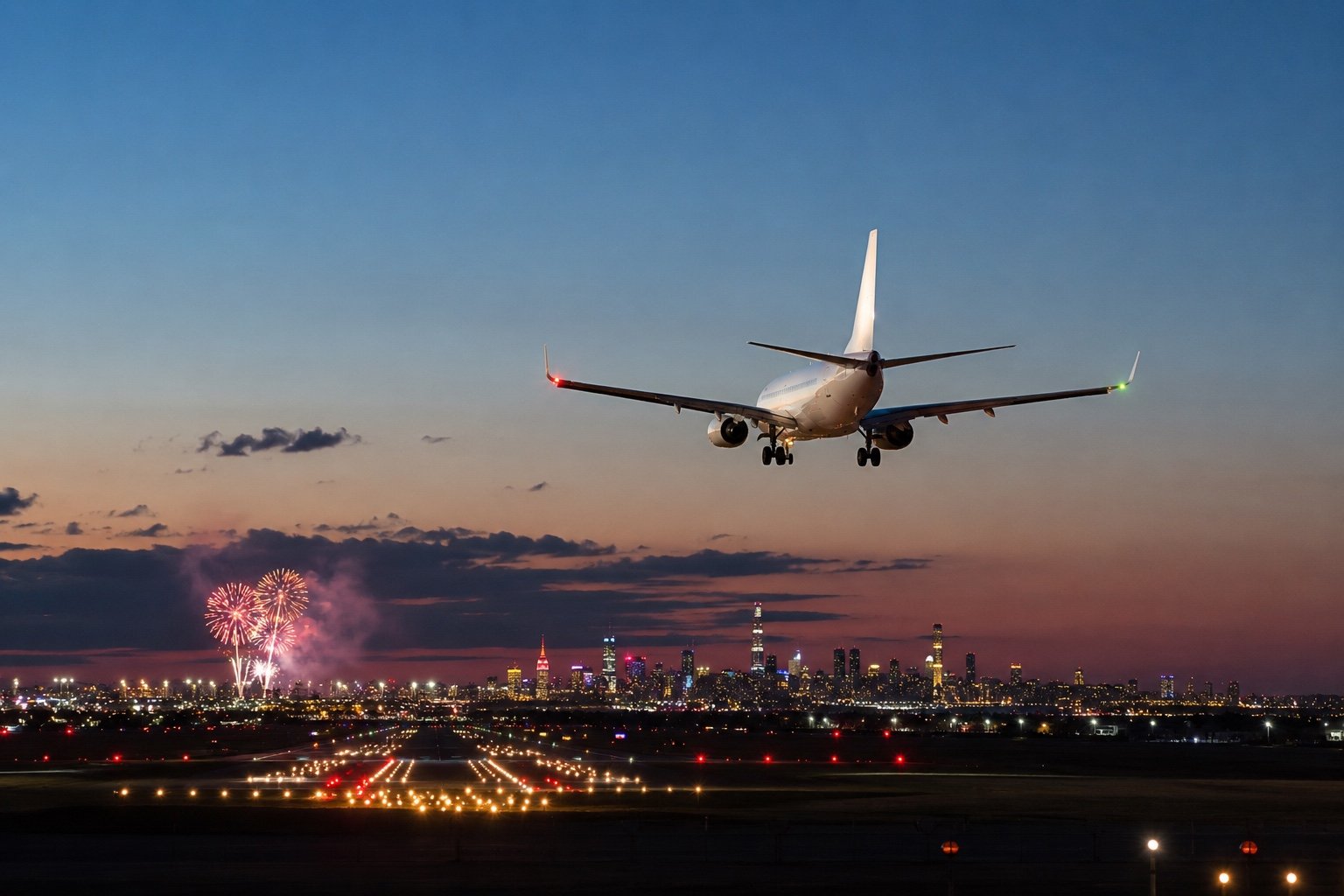 Passenger jet on final approach at dusk with fireworks bursting in the distance