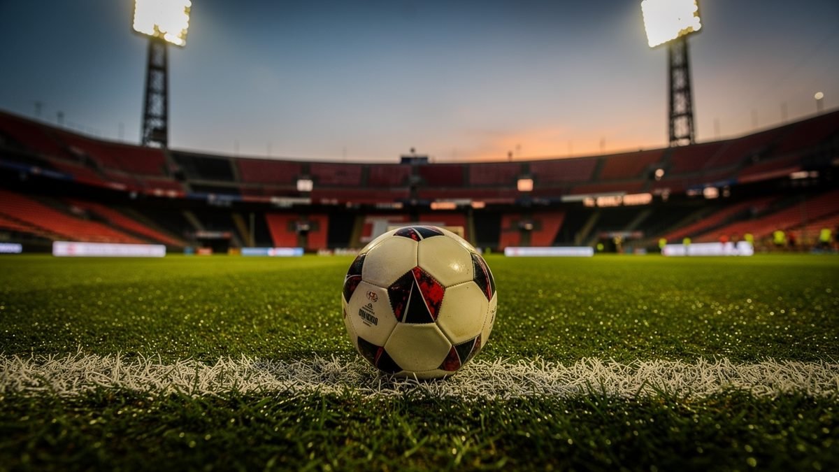 A football on the touchline grass of an empty Italian stadium at dusk with floodlights glowing