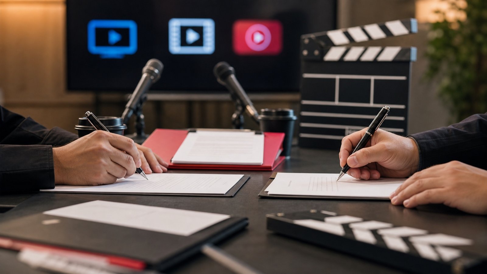 A studio office table with contracts, a clapperboard and abstract technology icons