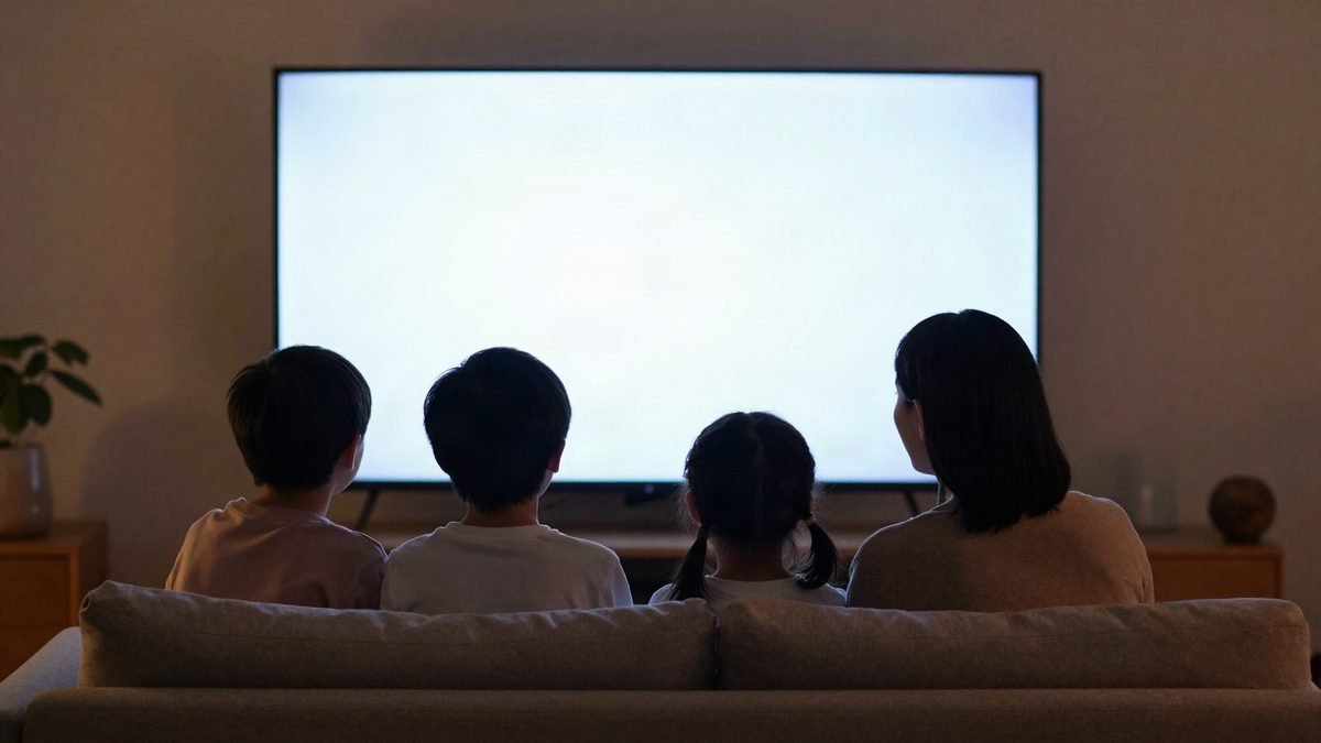 A family silhouetted watching a glowing TV together on a sofa