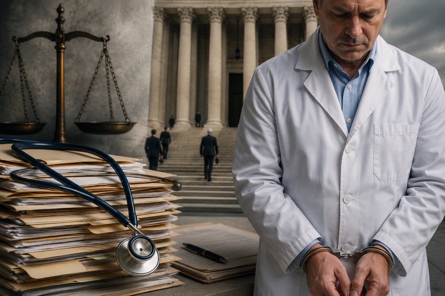A stethoscope resting on financial paperwork and a calculator on a desk