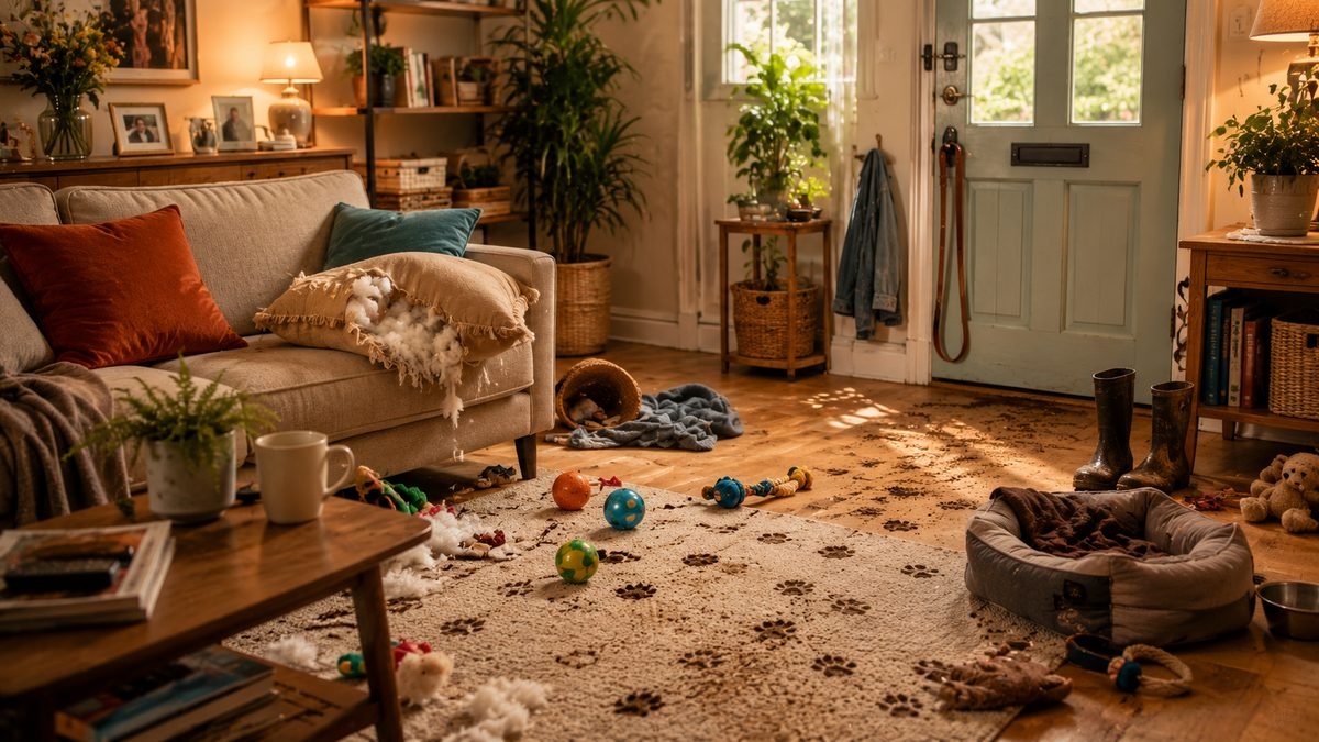 A living room wrecked by a dog, with chewed cushions, scattered toys and muddy paw prints