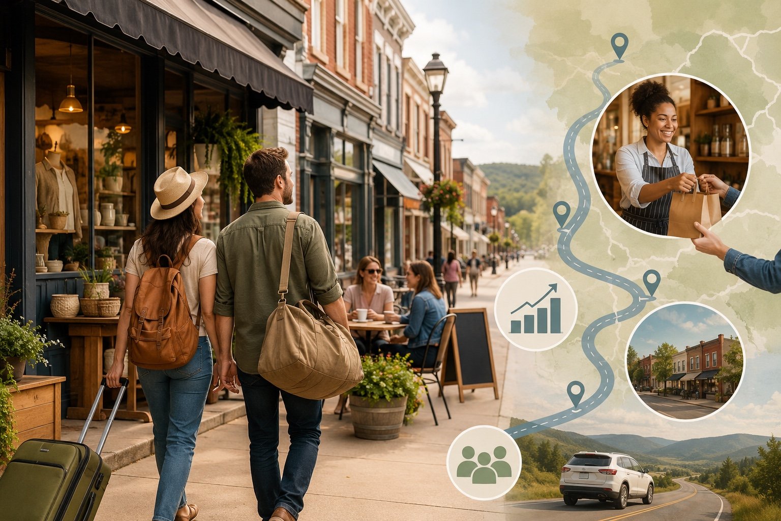 A busy small-town main street with independent shops and visitors in summer