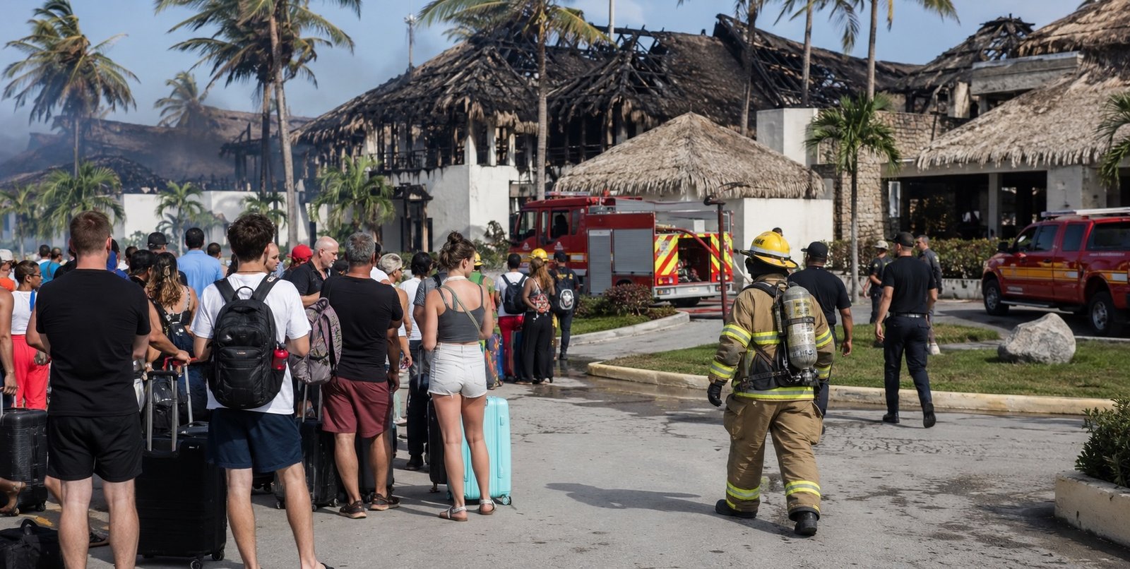 Emergency responders near a smoke-damaged beachfront resort building with palm trees in the background
