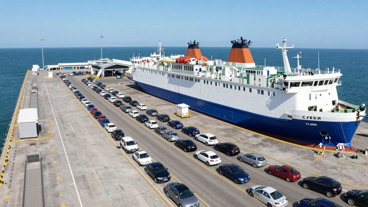 Long queues of cars and coaches waiting at the Port of Dover ferry terminal under a summer sky