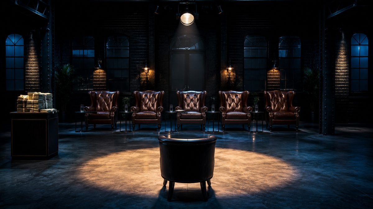 Five empty leather chairs facing a lone seat beside stacks of cash in a dark warehouse