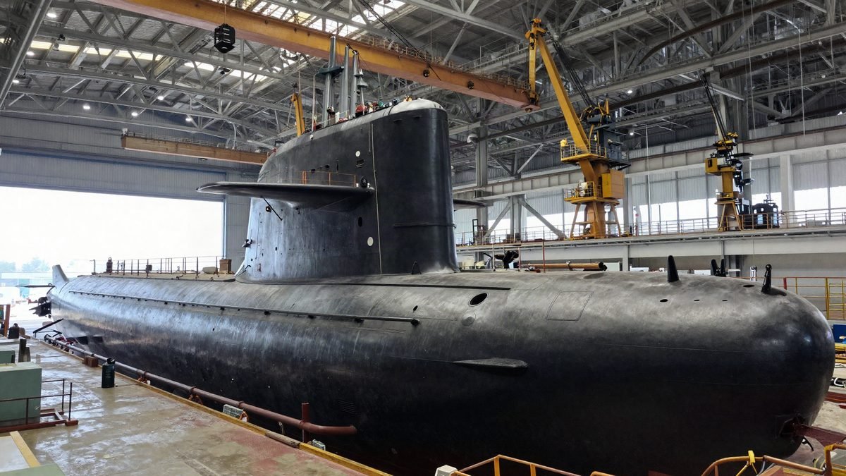 A submarine under construction inside a large covered shipyard hall