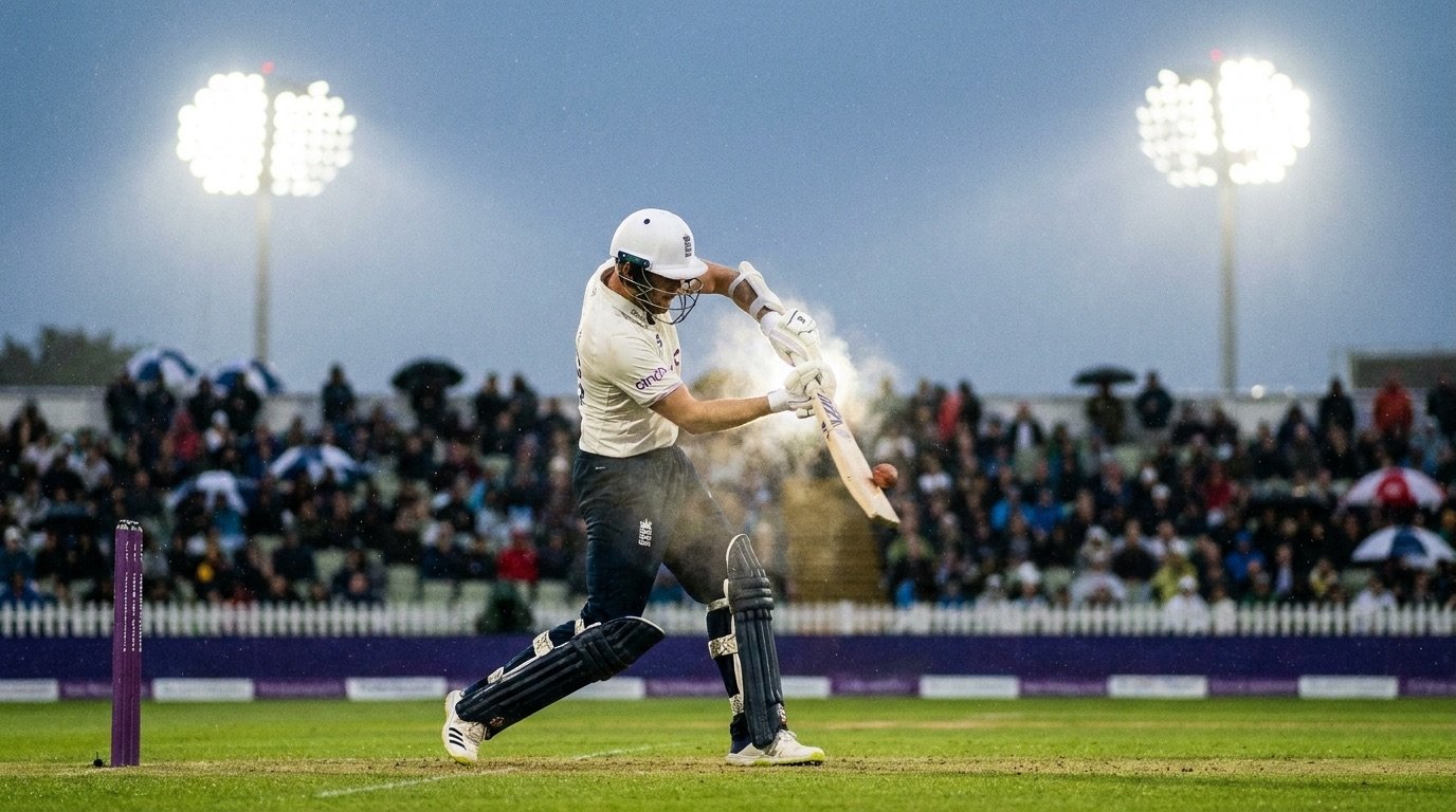A batter mid-stroke under floodlights at a cricket stadium with the boundary rope and crowd blurred behind