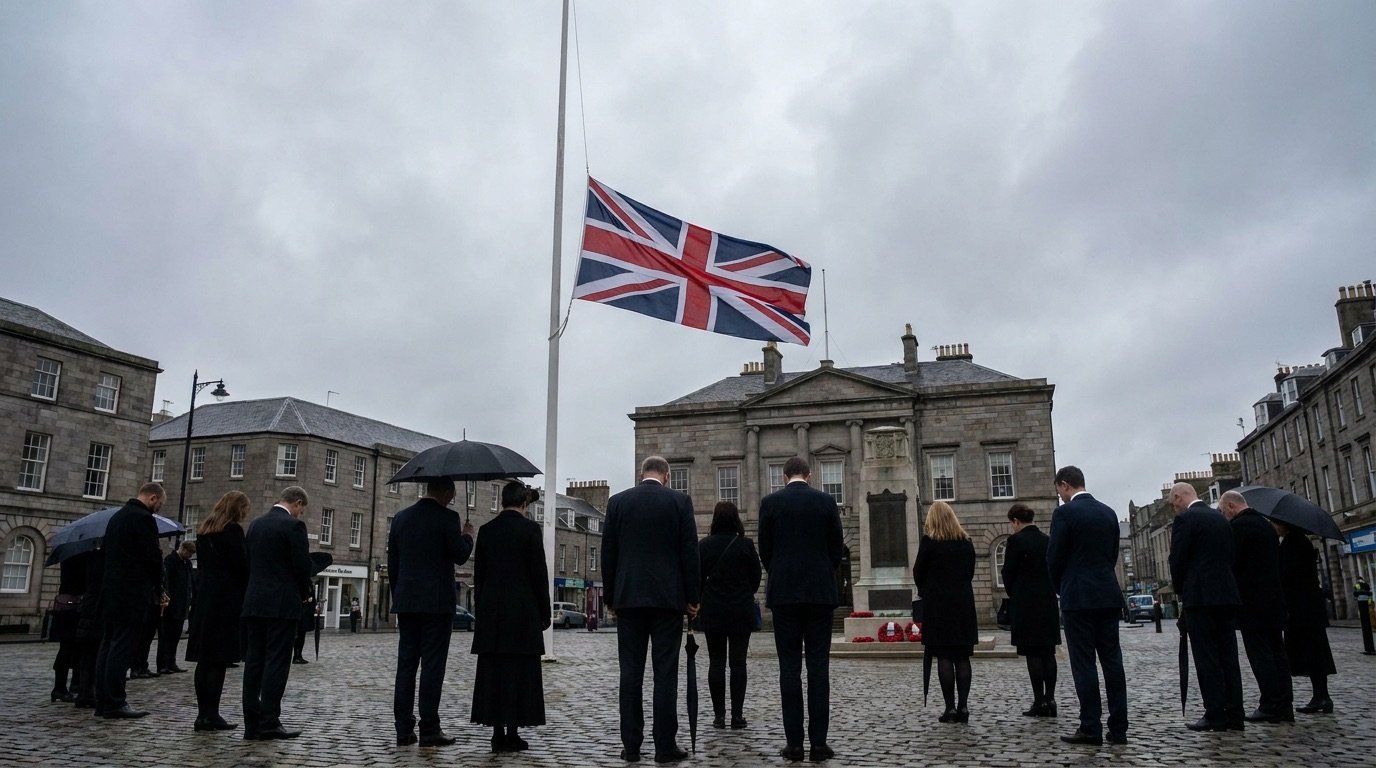 A national flag flying at half-mast against an overcast sky, with mourners gathered quietly below in a public square