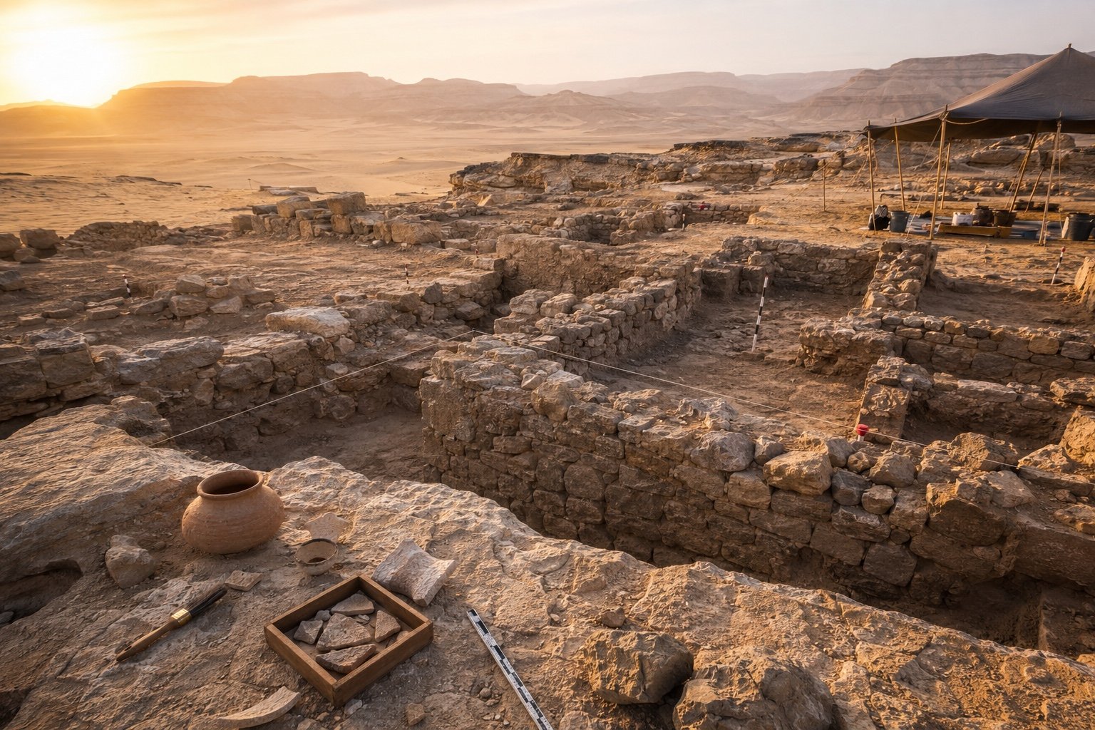 Limestone tomb structures and excavated ruins in the Egyptian desert near the Mediterranean coast