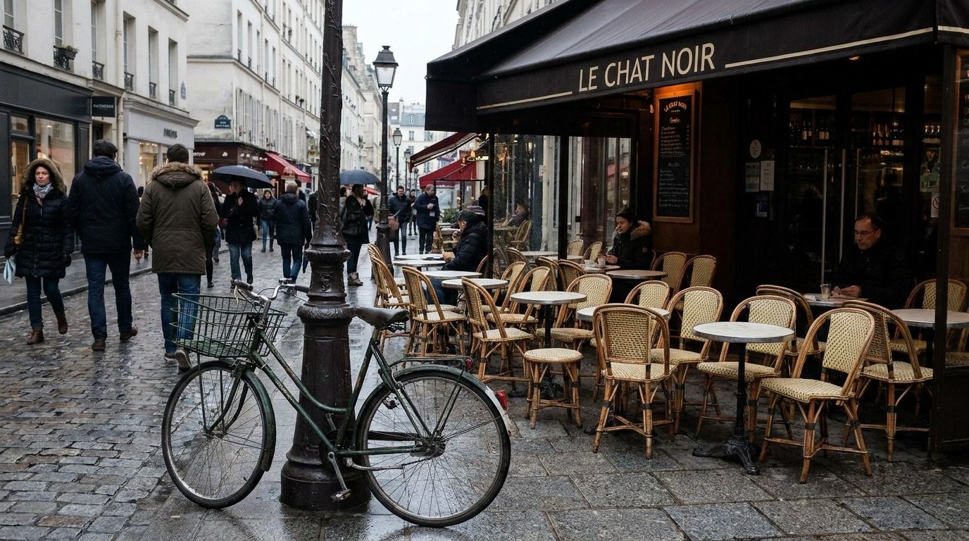 A Parisian street scene with cafe tables and a vintage bicycle