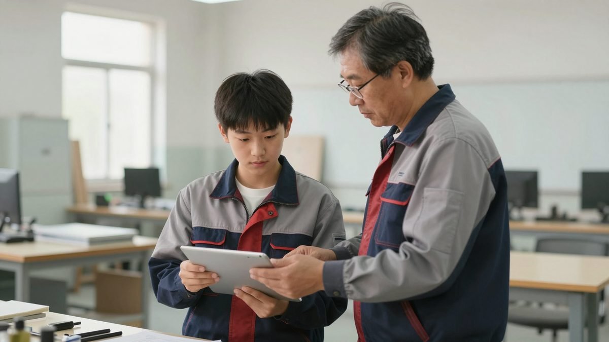 A young person in workwear being shown a task by a colleague in a workshop