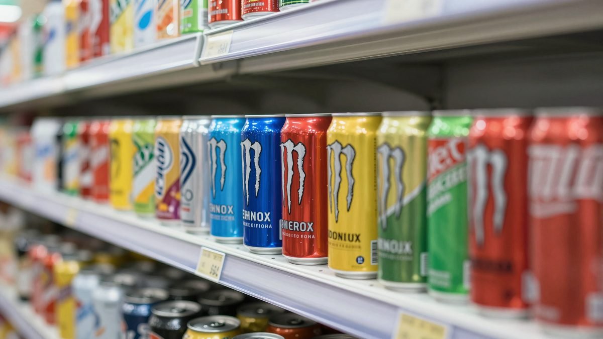 Colourful cans of high-caffeine energy drinks lined up on a shop refrigerator shelf